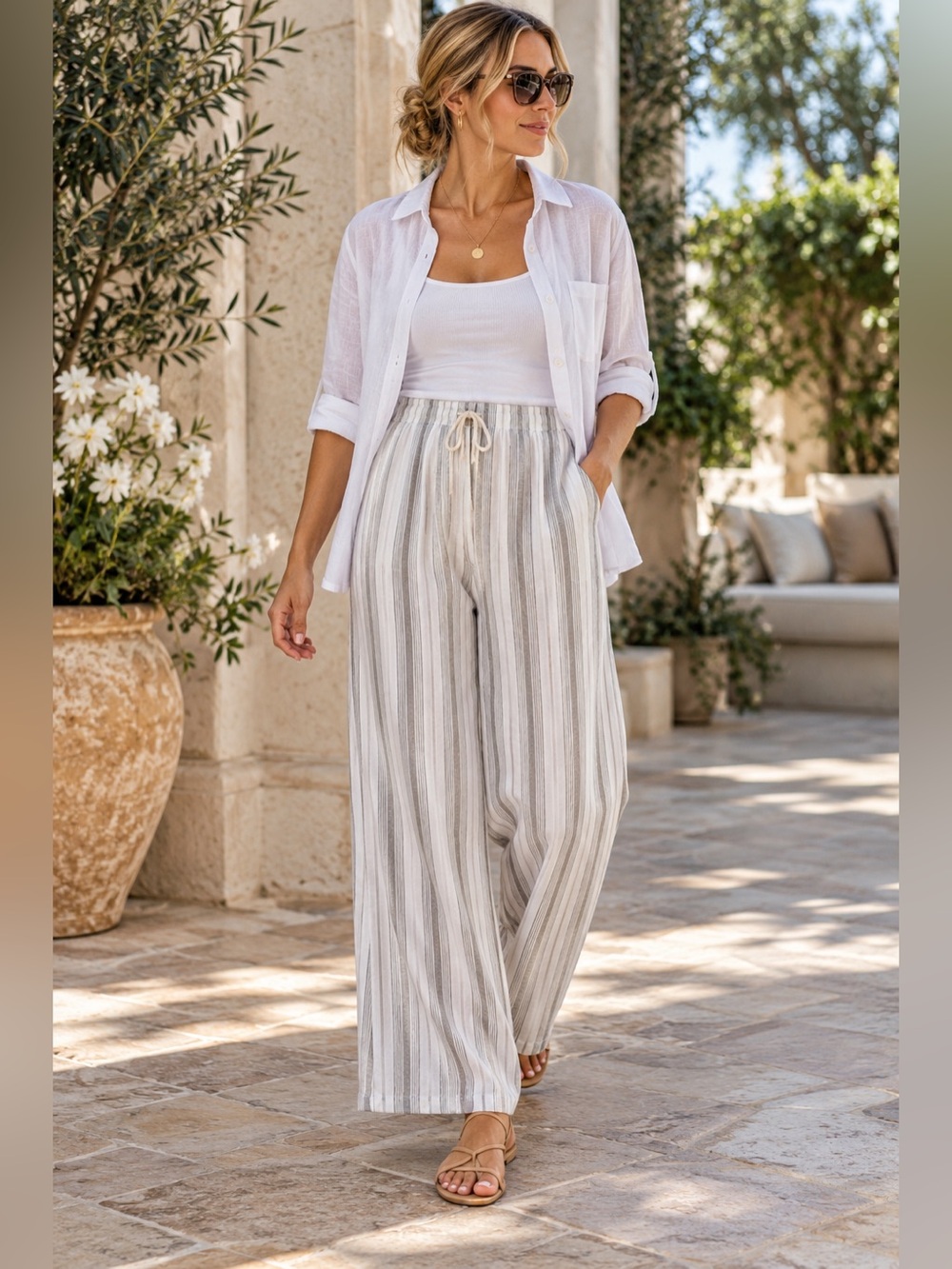 Sonoma White & Gray Vertical-Stripe Pants LINEN&COTTON SIZE: XL